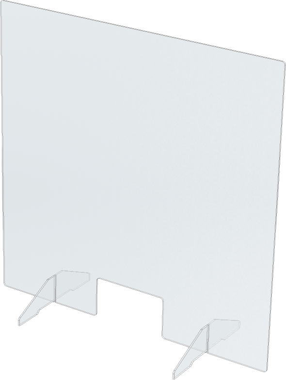 Unser transparente Schutzwand aus Polycarbonat – mit Füßen zum Stellen und Bohrungen zum Aufhängen